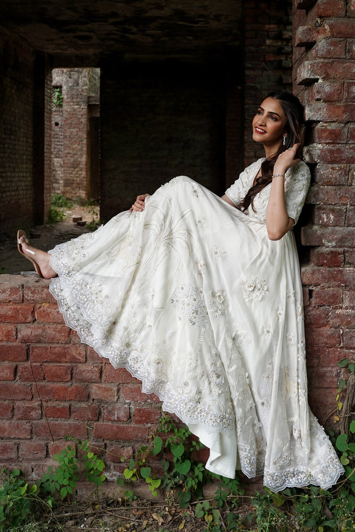 Ivory Embroidered Anarkali With Churidaar & Silk Organza Dupatta