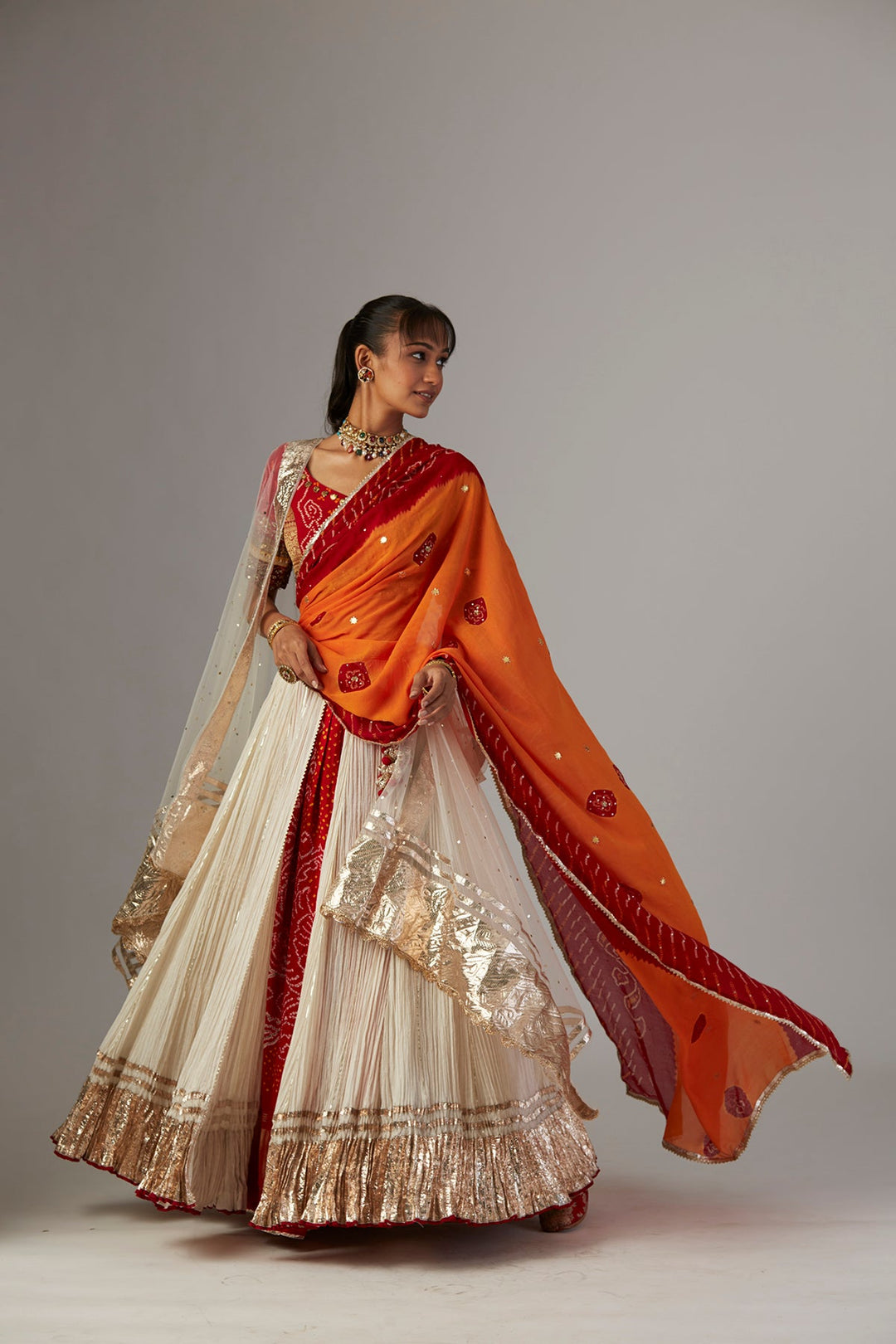 Ivory Gauze Crinkled Lehenga Set With Chanderi Unstitched Blouse