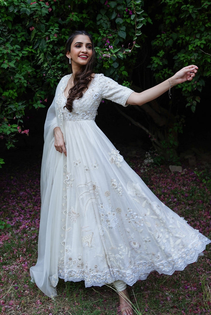 Ivory Embroidered Anarkali With Churidaar & Silk Organza Dupatta