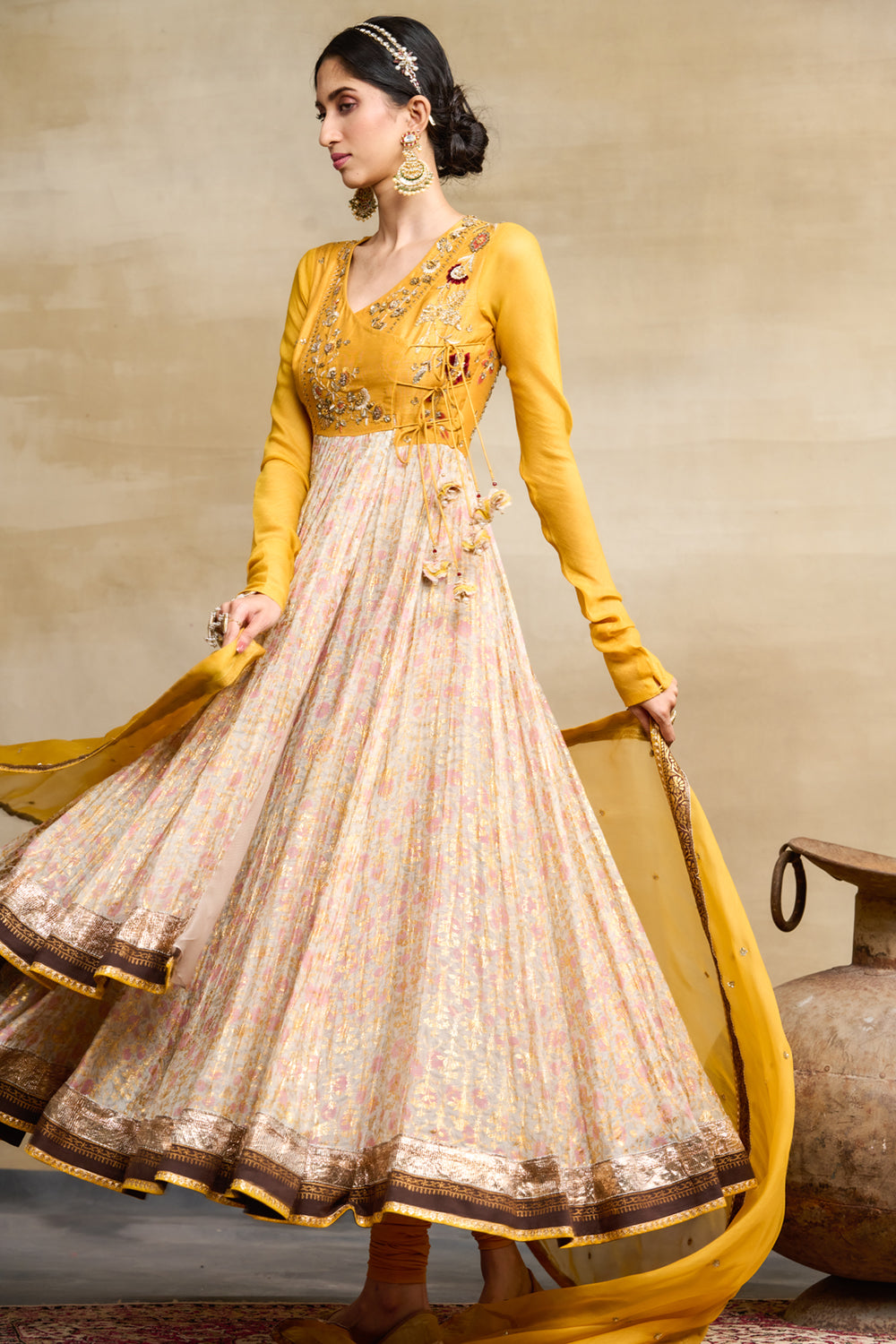 Yellow & Toosh Chanderi Printed & Embroidered Anarkali Set (3 PCS)