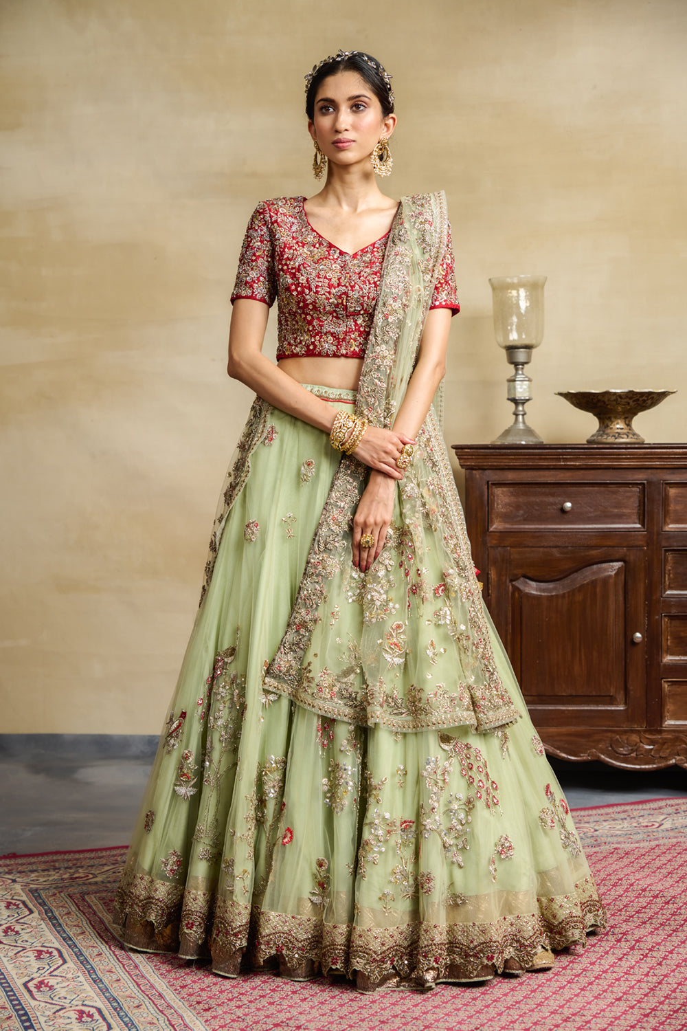 Mint Tulle Heavy Embroidered Lehanga Set