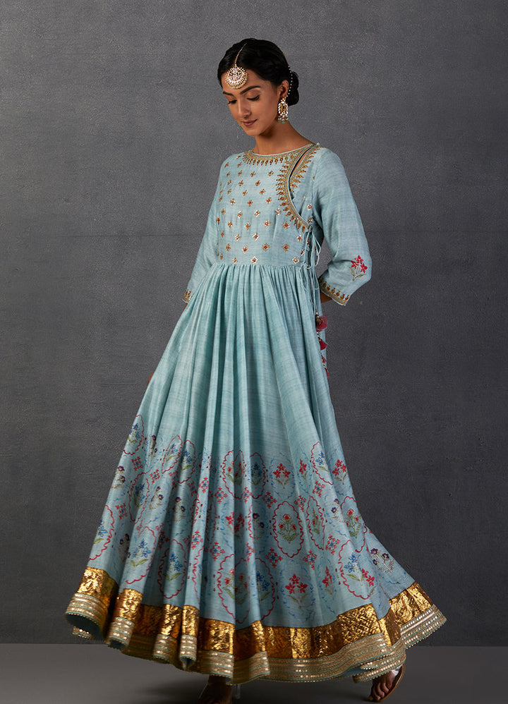 Aqua Silk Chanderi Printed & Embroidered Angrakha Style Anarkali Set