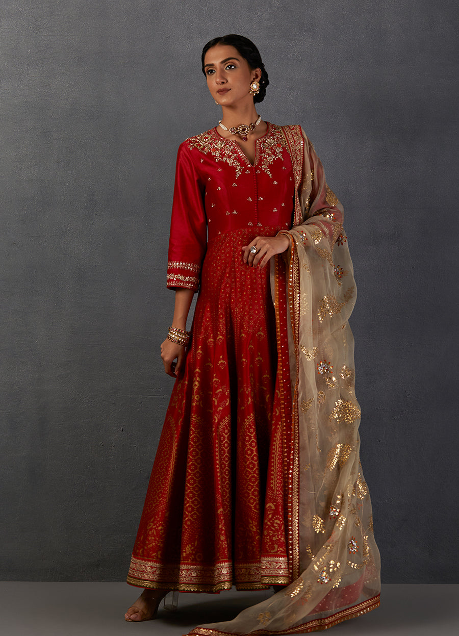 Crimson Red Silk Chanderi Gold Printed &Amp; Embroidered Anarkali Set