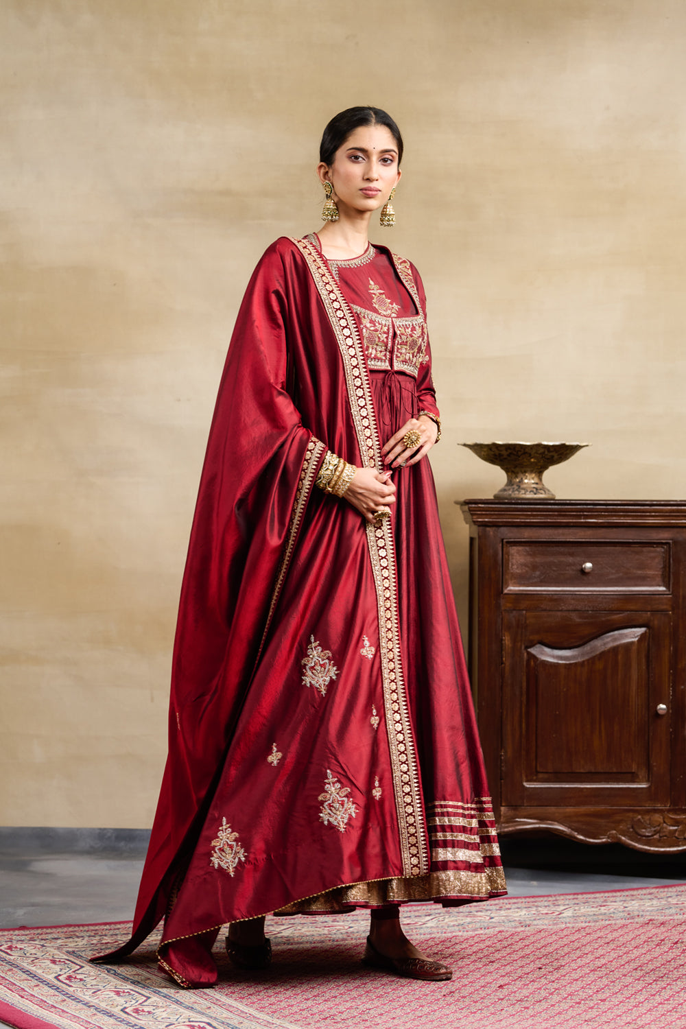 Maroon Silk Jacket Style Embroidered Anarkali Set