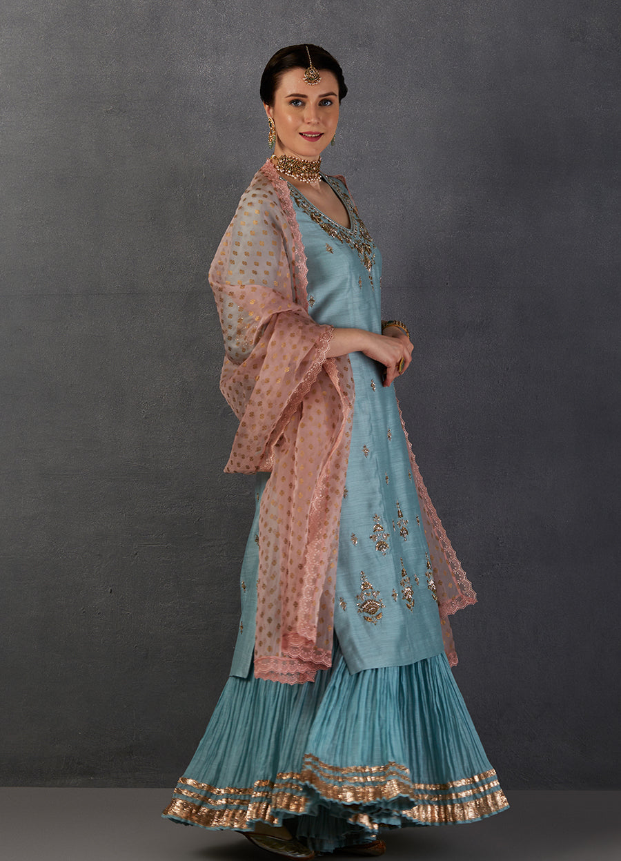 Aqua Georgette Tussar Embroidered Kurta Set