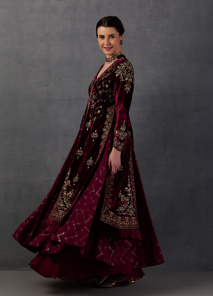 Maroon Silk Velvet Embroidered Jacket Set