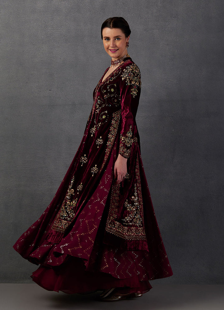 Maroon Silk Velvet Embroidered Jacket Set