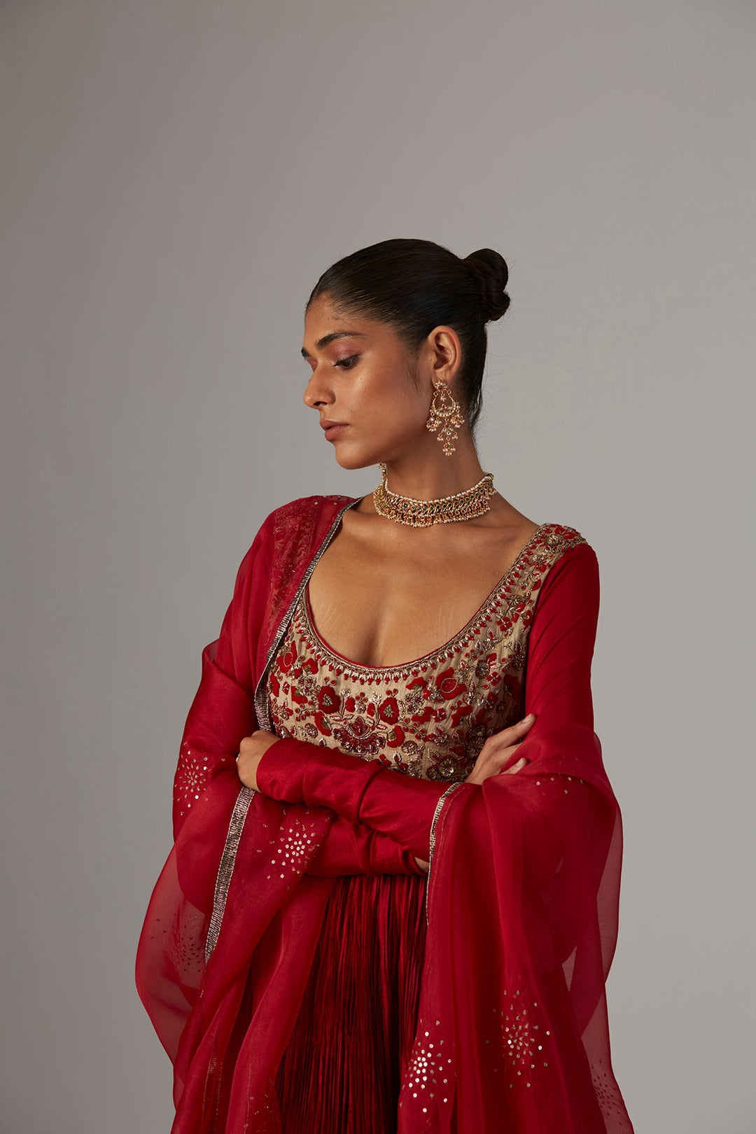 Red Silk Emb. Anarkali Organza Emb. Dupatta & Copper Lame Skirt