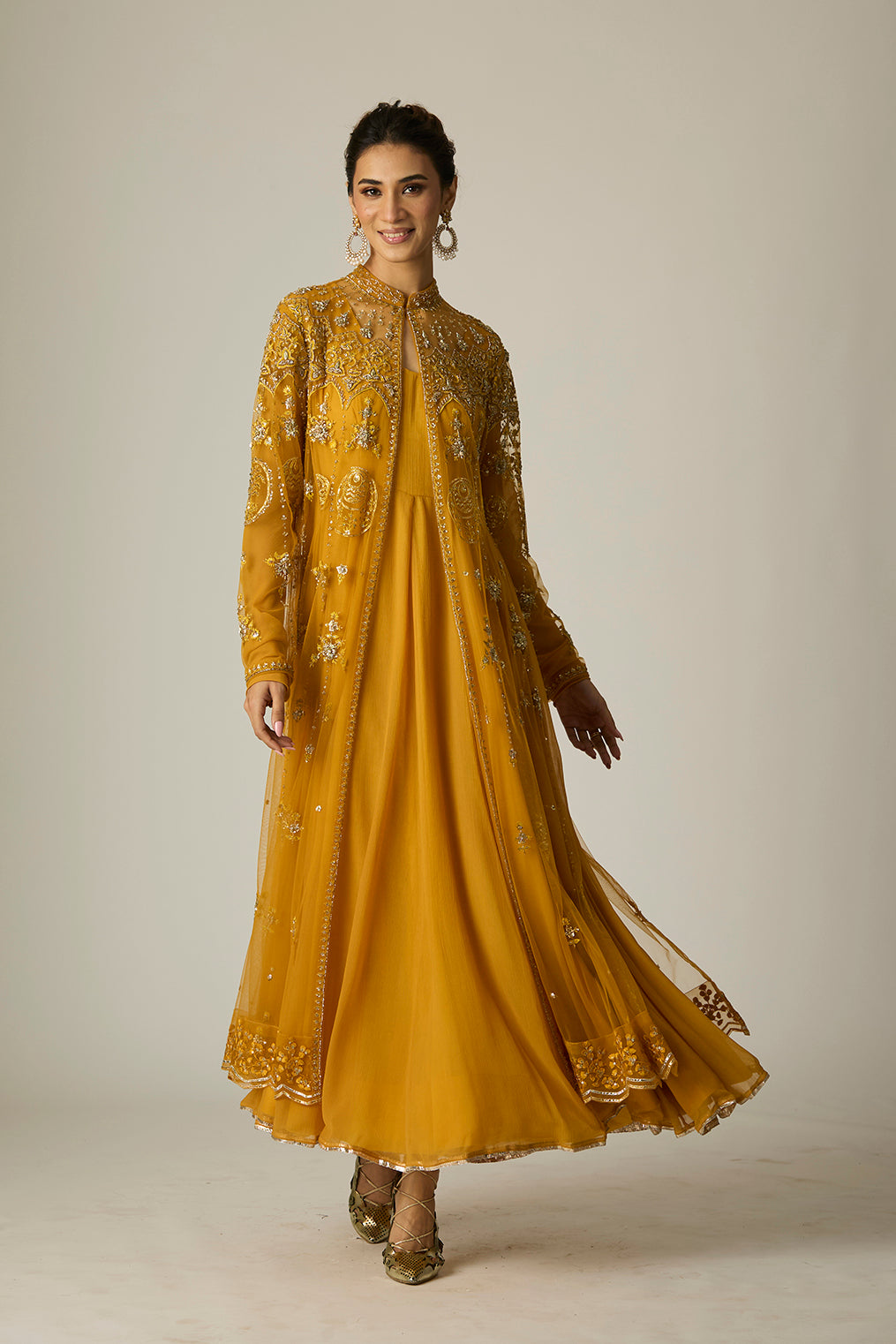 Mustard Chiffon & Tulle Embroidered Jacket Set (2 PCS)