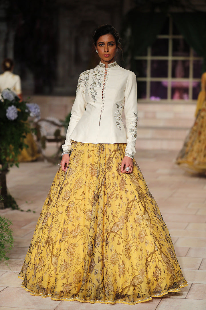 Ivory Matin Tussar Zardozi Embroidered Peplum Blouse With Yellow Floral Organza Printed Circular Skirt