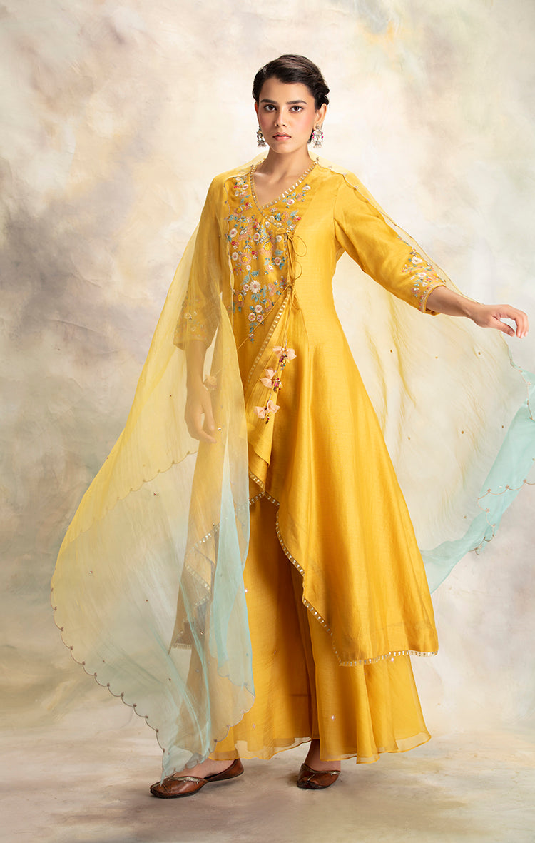 Yellow Silk Chanderi Floral Embroidered Angrakha Kurta With Yellow Organza Sharara & Yellow & Blue Ombre Organza Dupatta