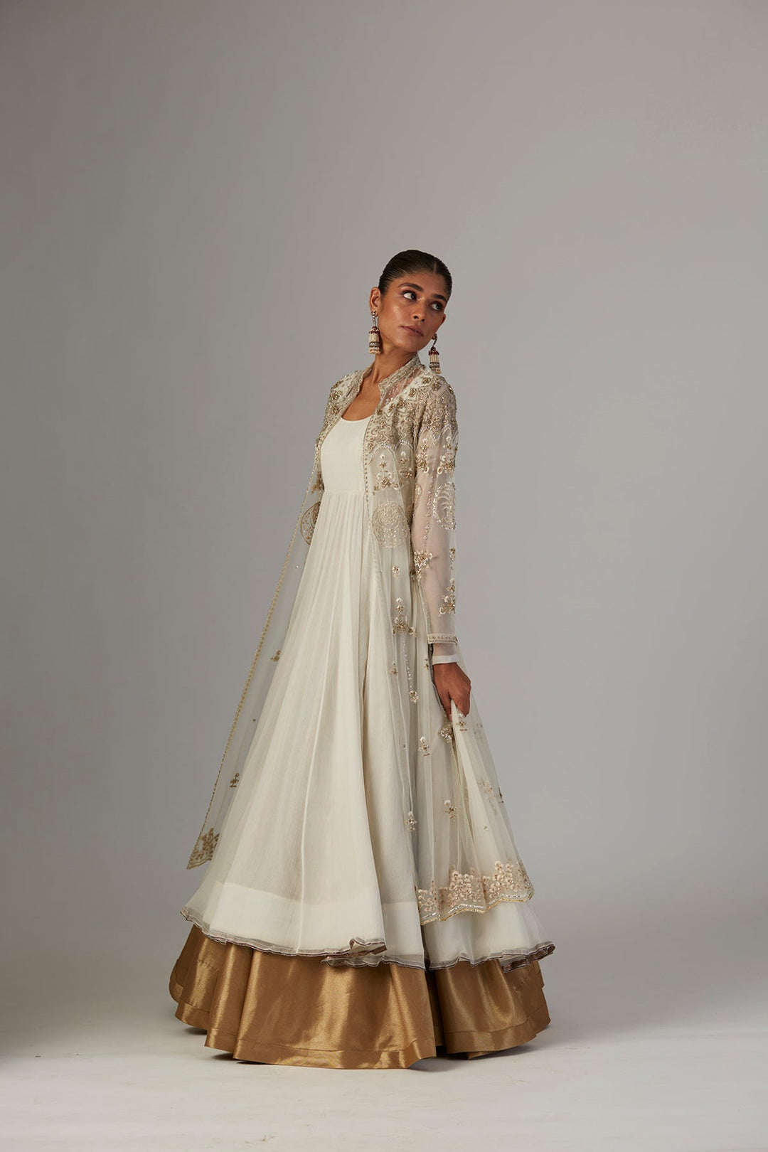 Ivory Chiffon Anarkali Paired With Tulle Net Jacket