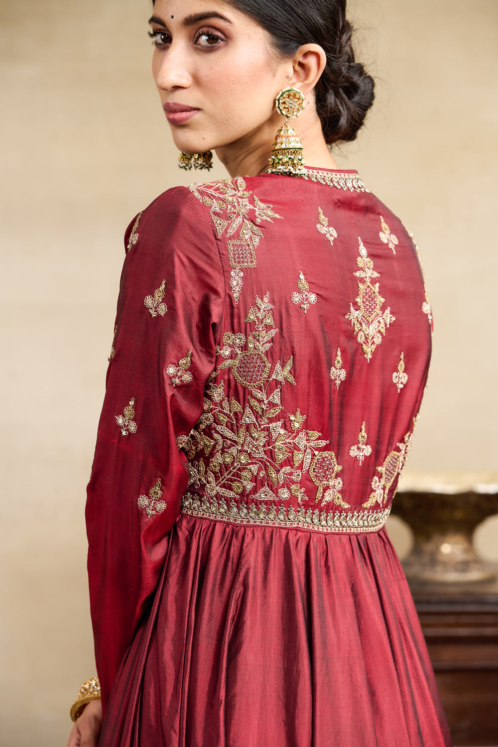 Maroon Silk Jacket Style Embroidered Anarkali Set