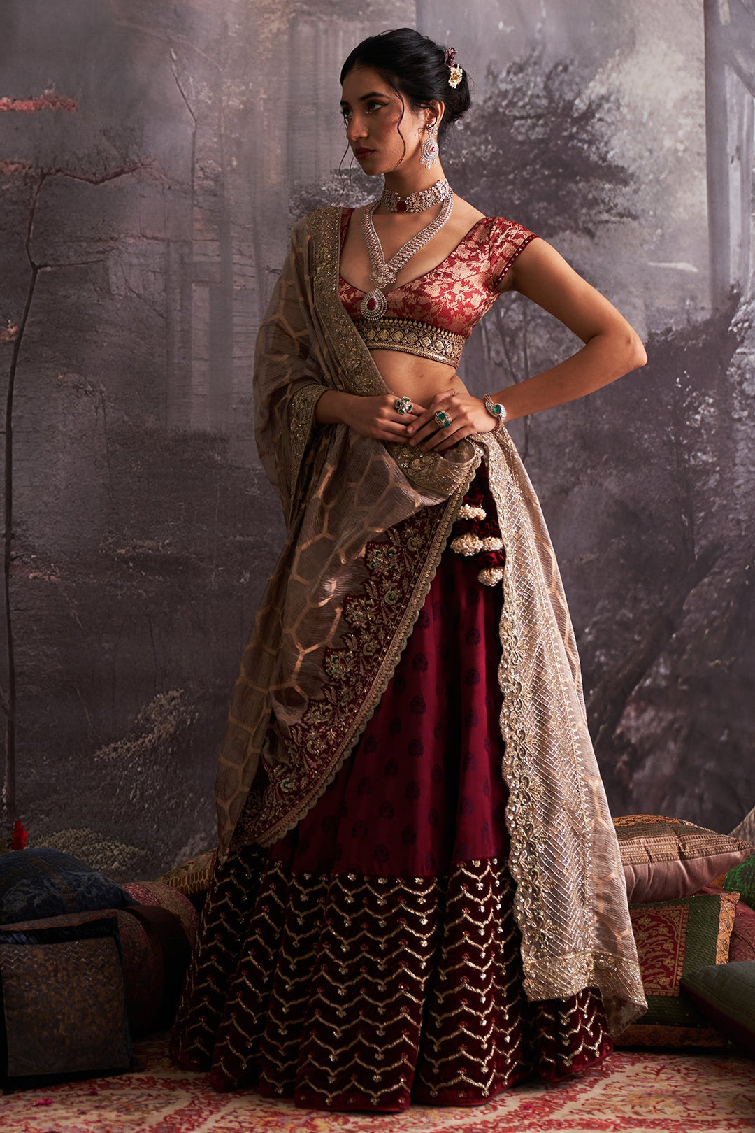 Maroon Mushroo Embroidered Lehenga Set (3 PCS)