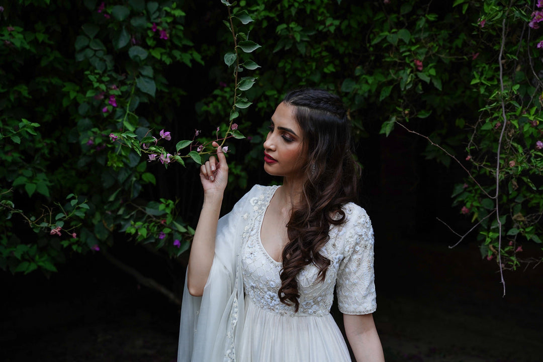 Ivory Embroidered Anarkali With Churidaar & Silk Organza Dupatta