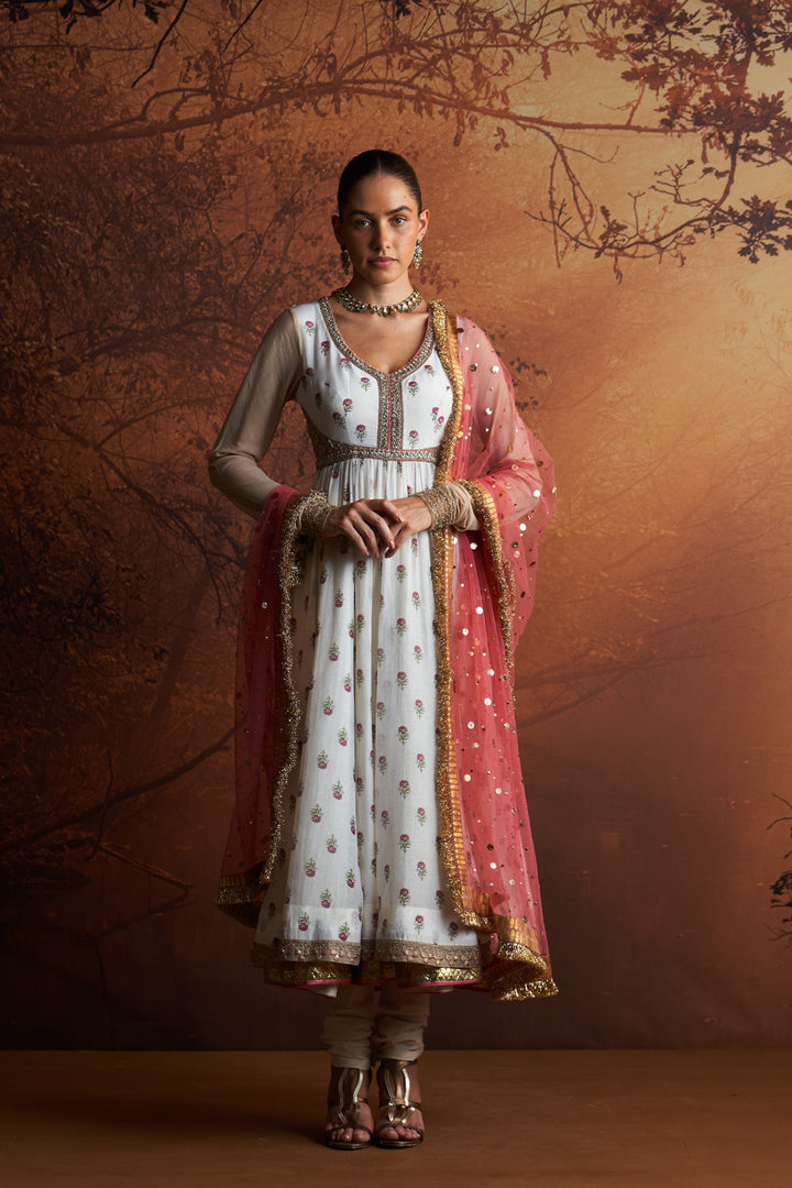 Ivory Printed Chanderi Anarkali Set