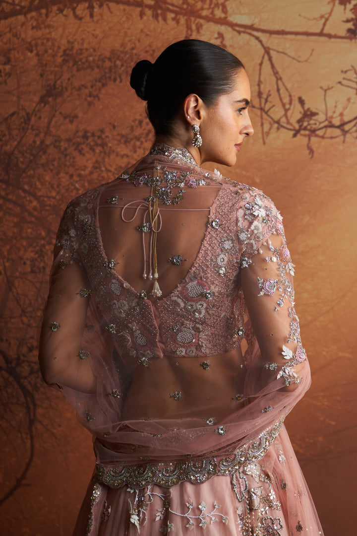 Salmon Pink Embroidered Double Layer Lehnga Paired With Scallop Embroidered Veil And Dupatta