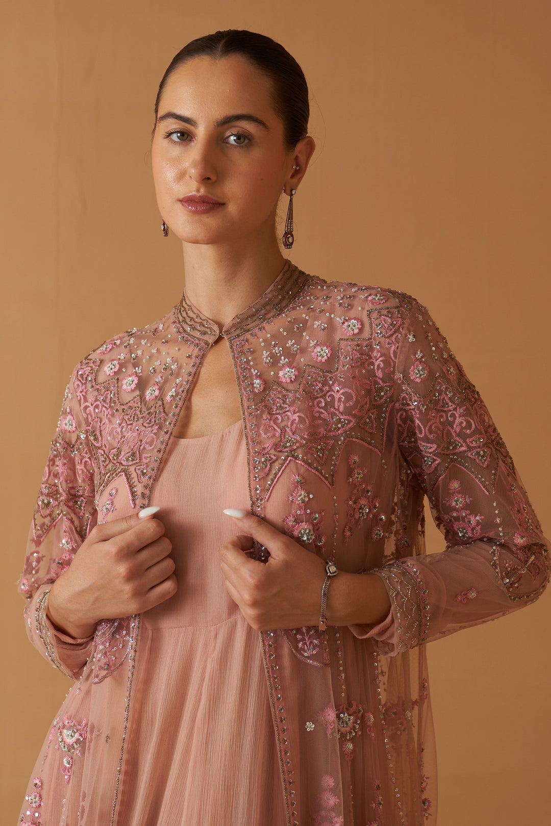 Old Rose Net Embroidered Jacket And Old Rose Chiifon Anarkali