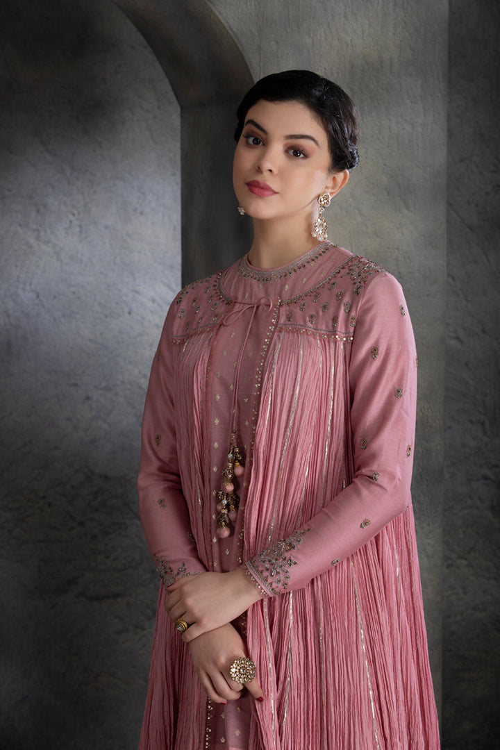 Dusty Pink Chanderi & Cotton Floral Embroidered Angrakha Set