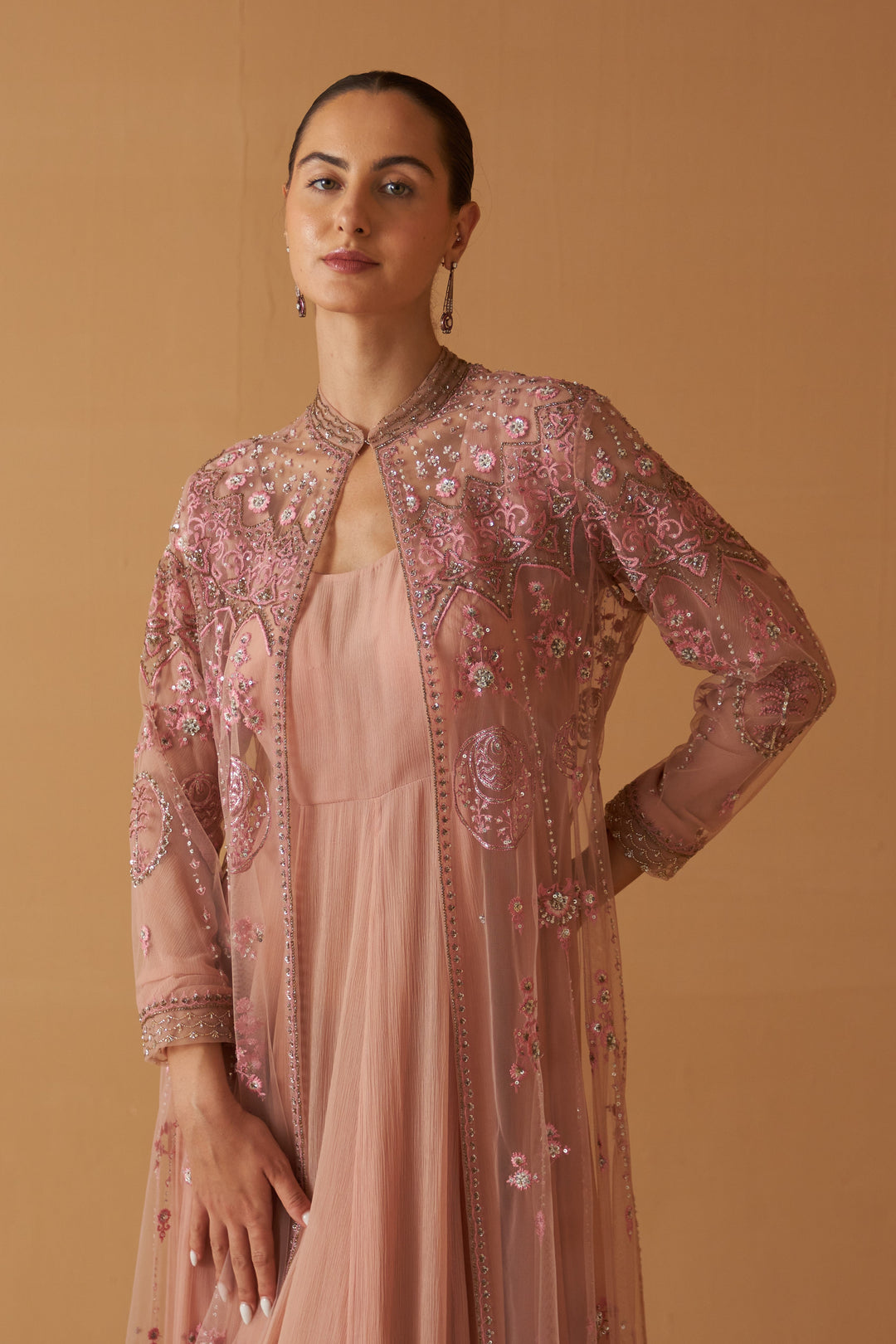 Old Rose Net Embroidered Jacket And Old Rose Chiifon Anarkali