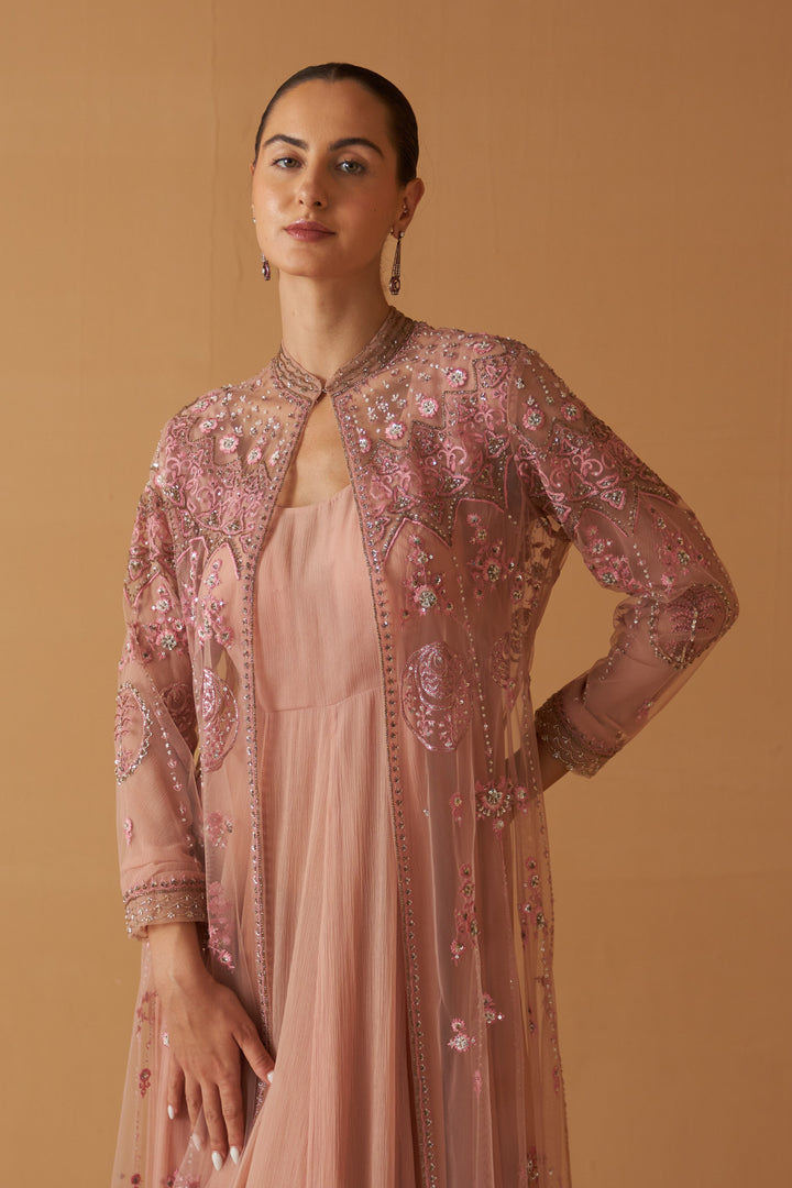 Old Rose Net Embroidered Jacket And Old Rose Chiifon Anarkali