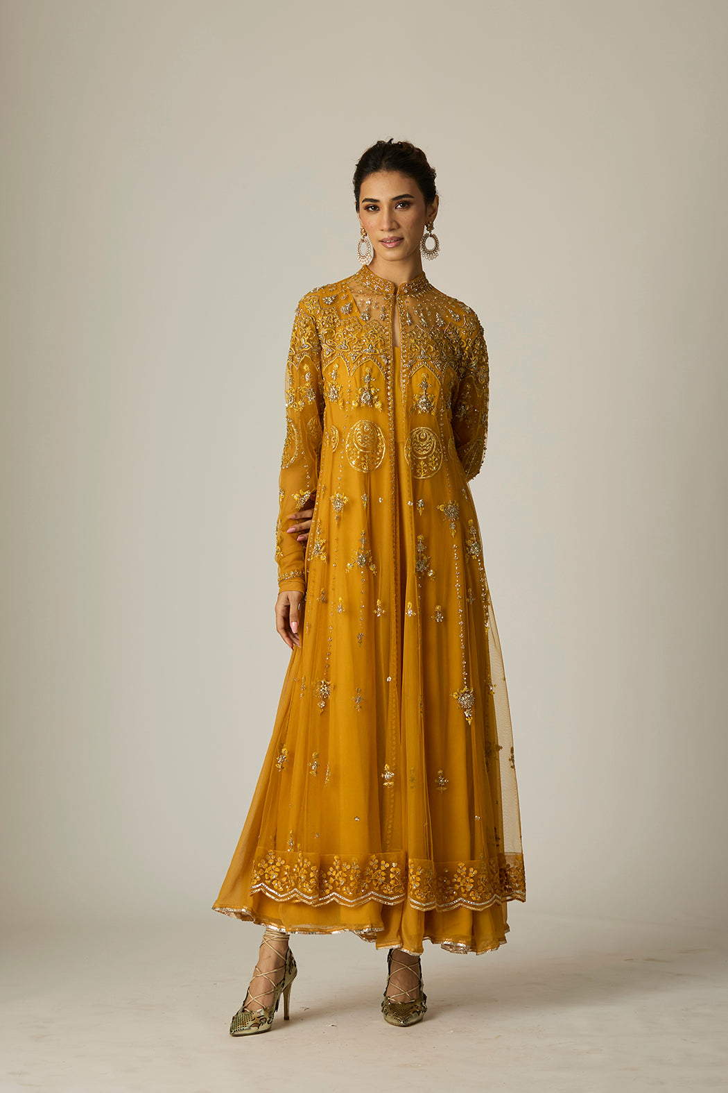 Mustard Chiffon & Tulle Embroidered Jacket Set (2 PCS)