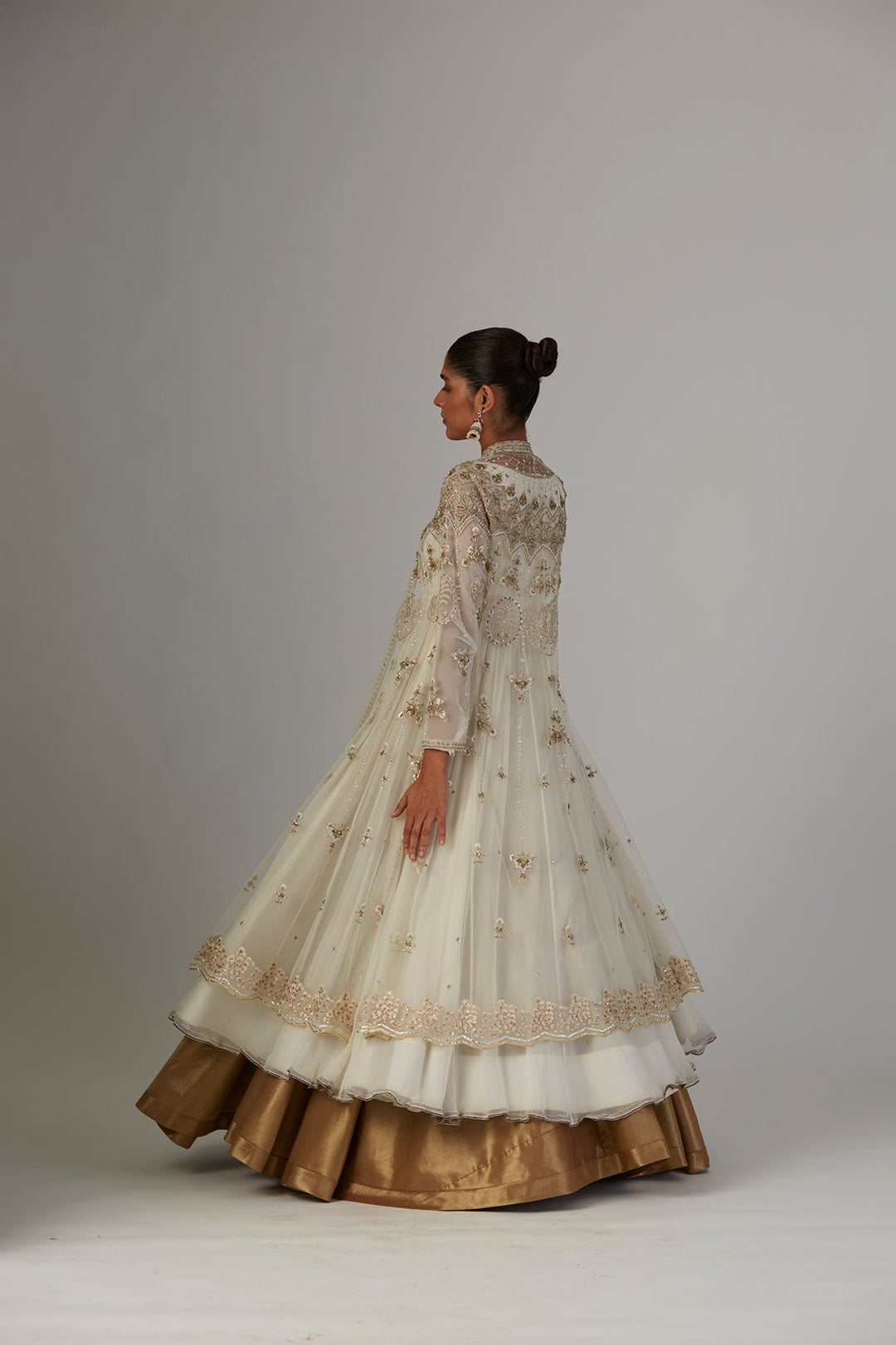 Ivory Chiffon Anarkali Paired With Tulle Net Jacket