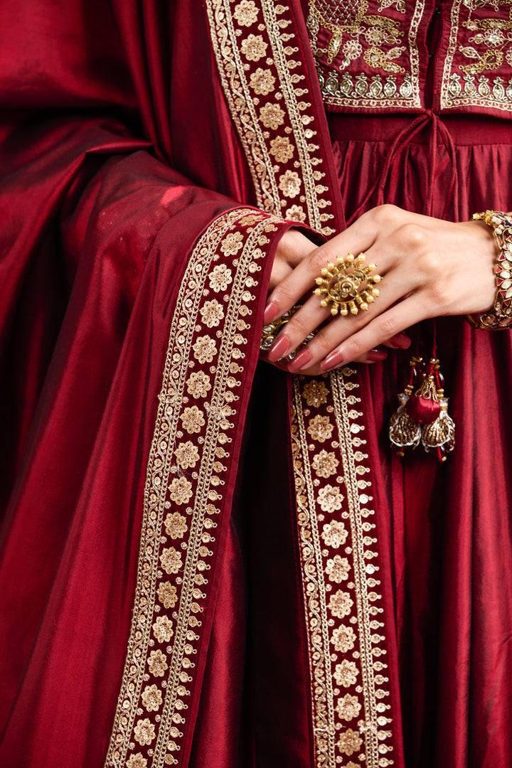 Maroon Silk Jacket Style Embroidered Anarkali Set