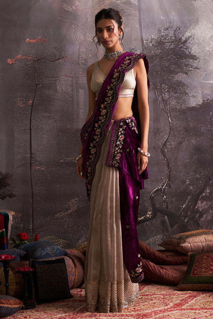 Brown Crush Organza Tissue & Purple Velvet Embroidered Saree Set (4 PCS)