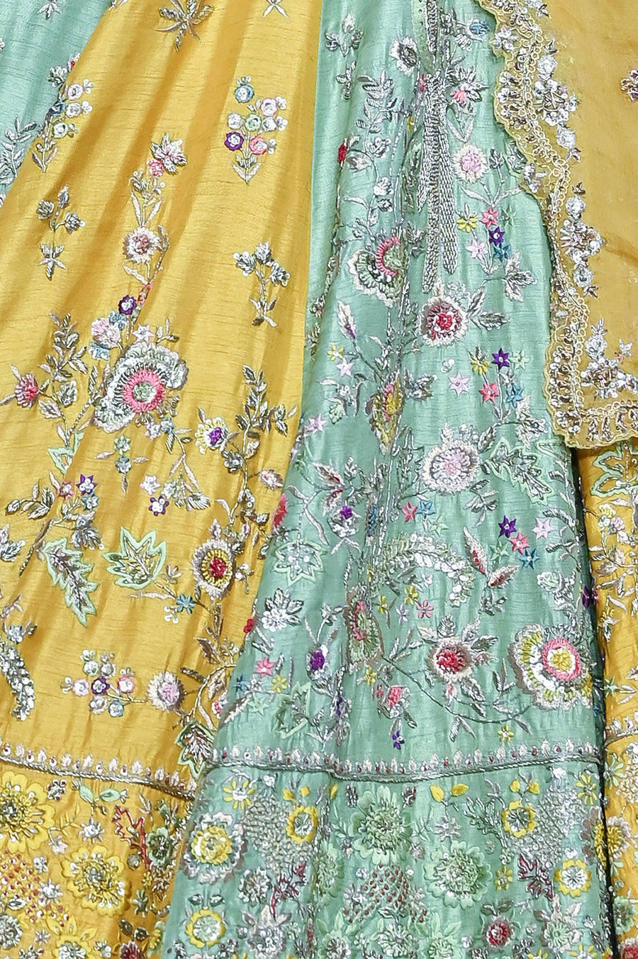 Yellow Viscose Dupion Scalloped Emb. Lehenga & Yellow Organza Emb. Dupatta