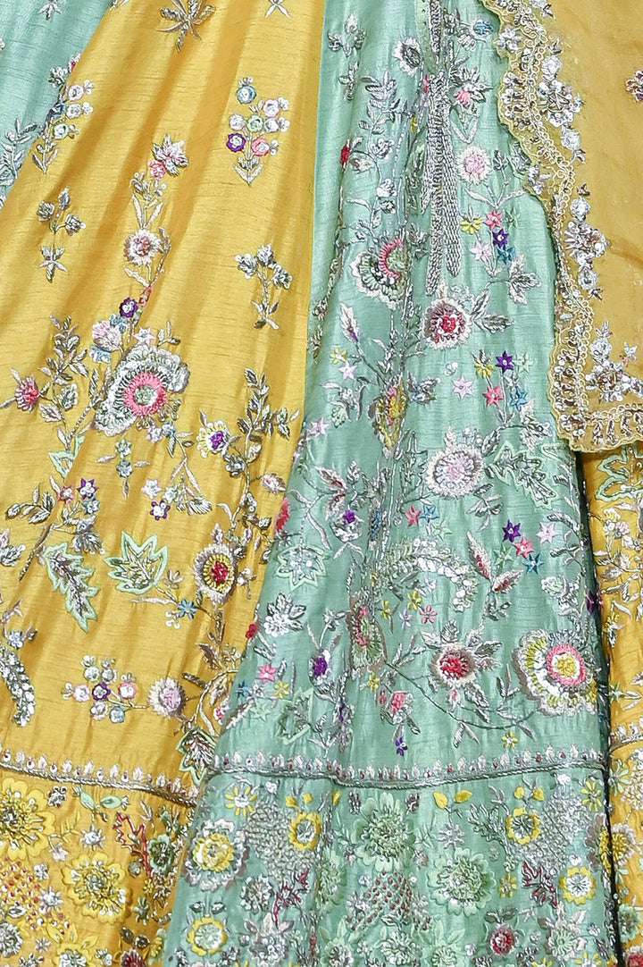 Yellow Viscose Dupion Scalloped Emb. Lehenga & Yellow Organza Emb. Dupatta