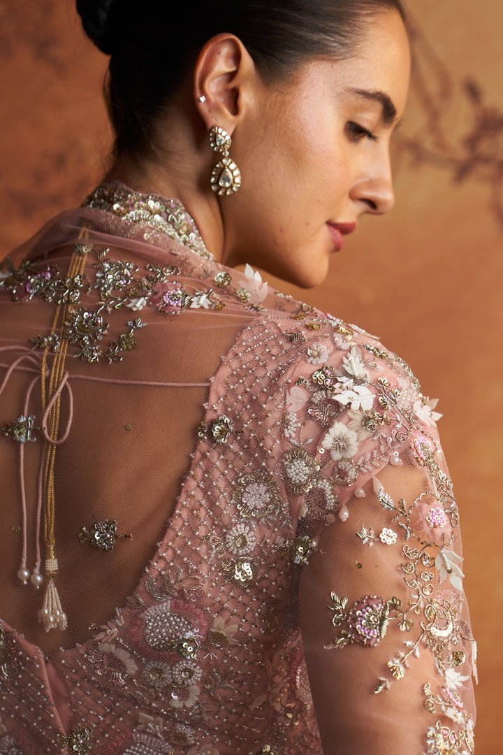 Salmon Pink Embroidered Double Layer Lehnga Paired With Scallop Embroidered Veil And Dupatta