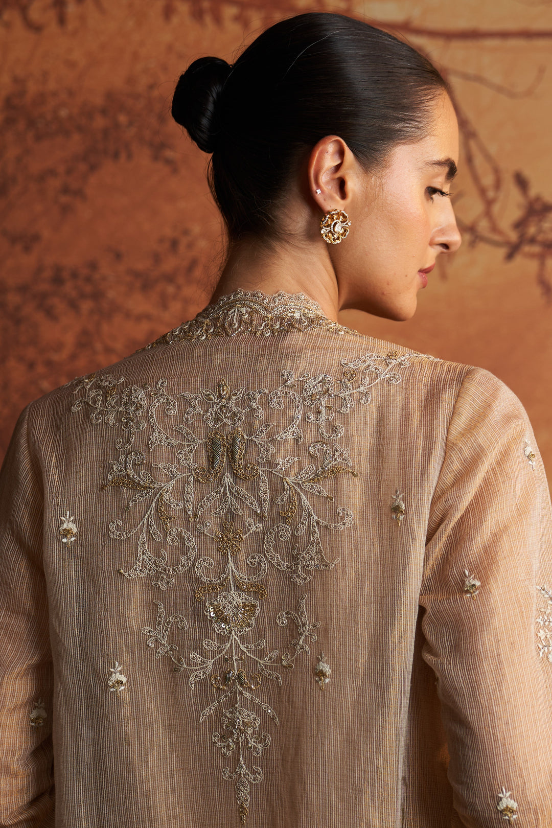 Gold Kota Tissue Embroidered Jacket Set With Inner & Pants