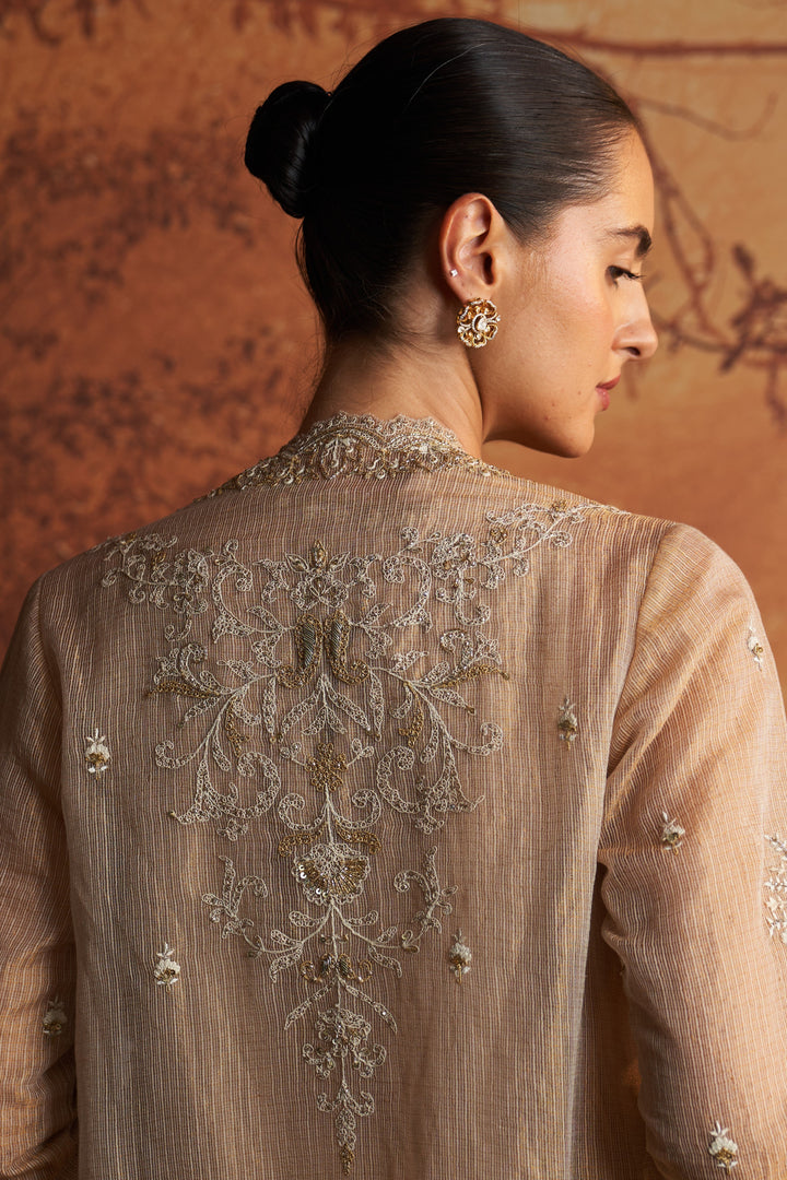 Gold Kota Tissue Embroidered Jacket Set With Inner & Pants