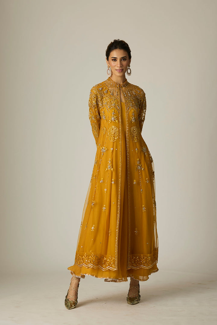 Mustard Chiffon & Tulle Embroidered Jacket Set (2 PCS)