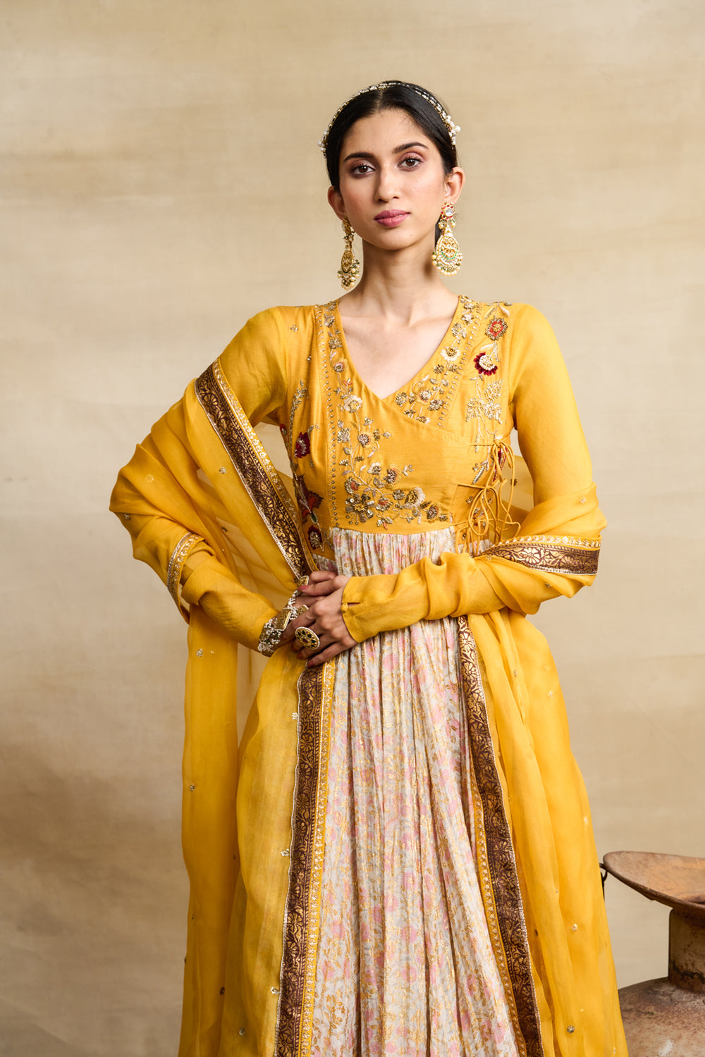 Yellow & Toosh Chanderi Printed & Embroidered Anarkali Set (3 PCS)