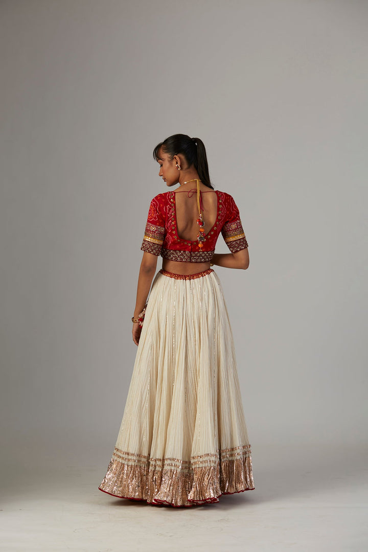 Ivory Gauze Crinkled Lehenga Set With Chanderi Unstitched Blouse