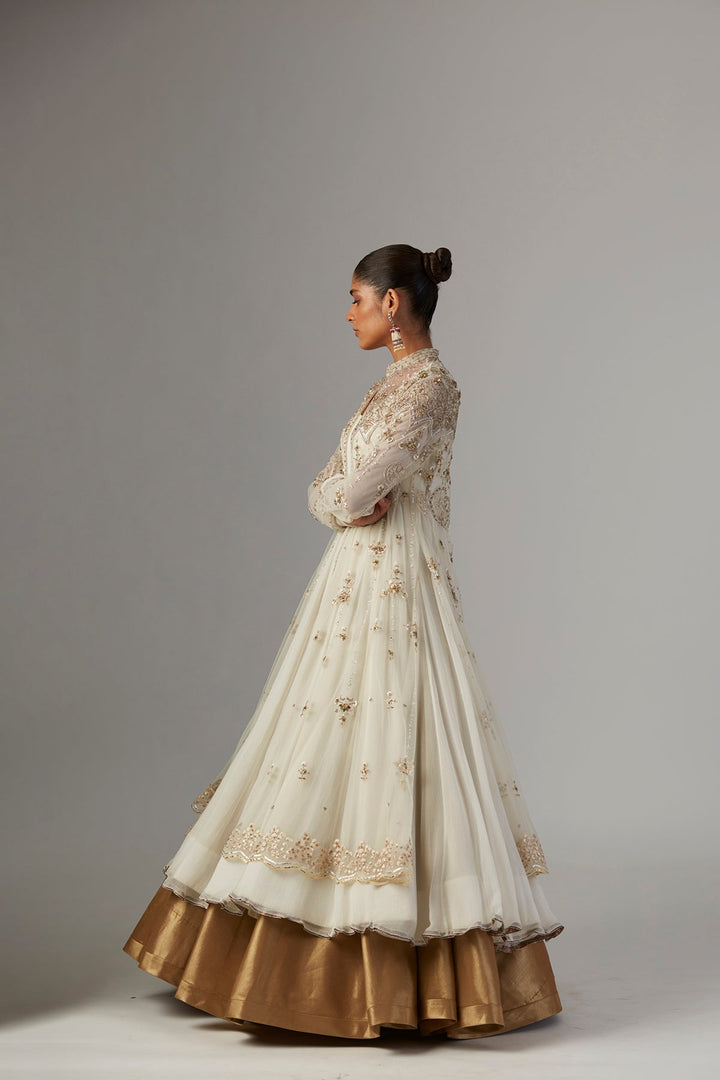 Ivory Chiffon Anarkali Paired With Tulle Net Jacket