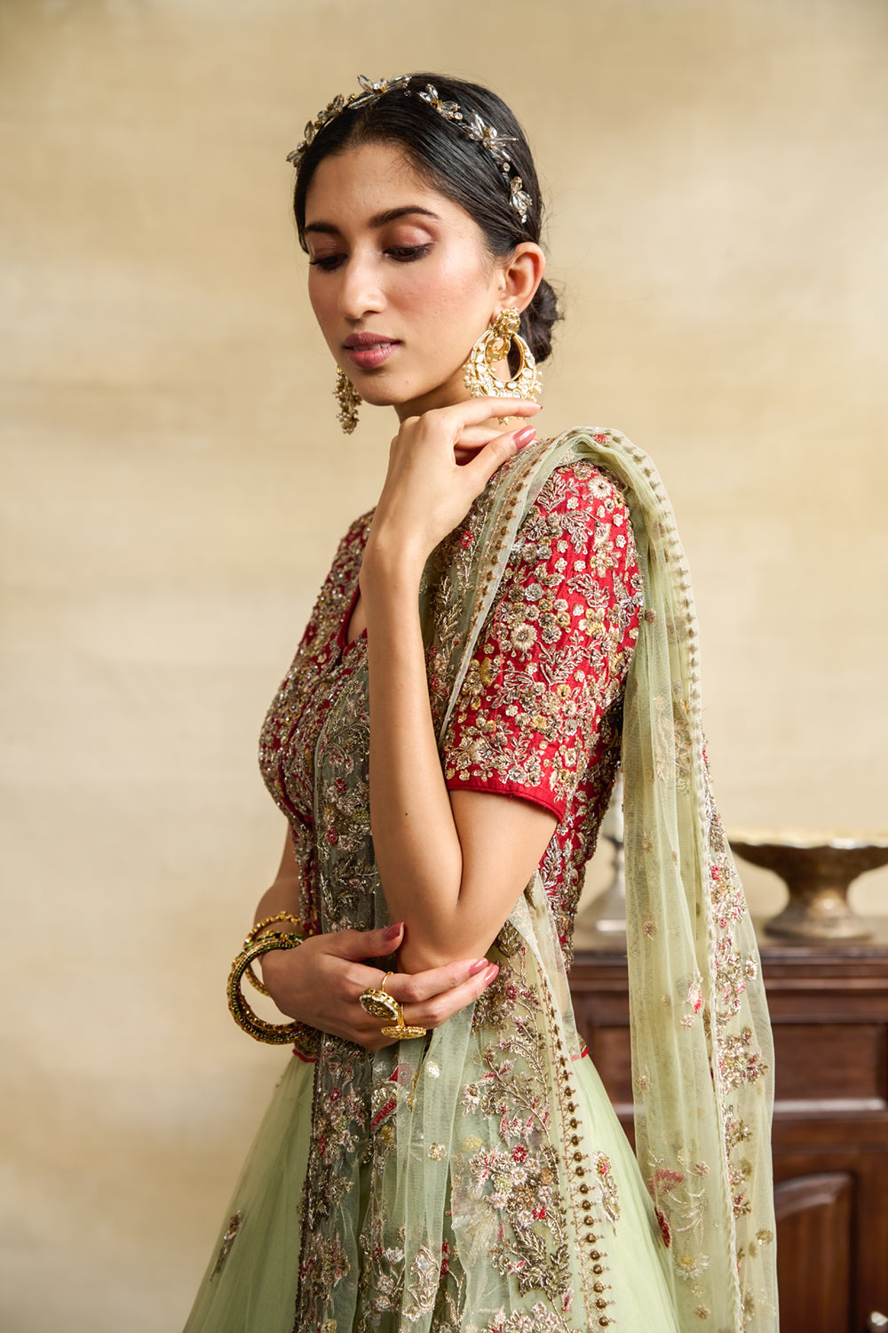 Mint Tulle Heavy Embroidered Lehanga Set