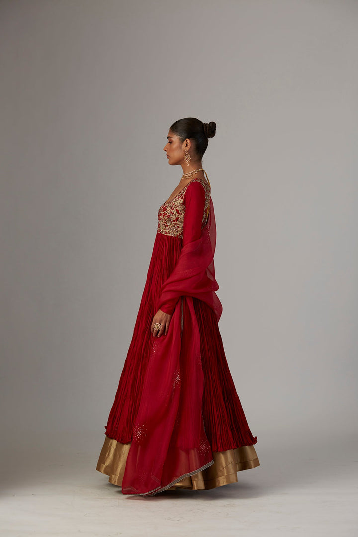 Red Silk Emb. Anarkali Organza Emb. Dupatta & Copper Lame Skirt