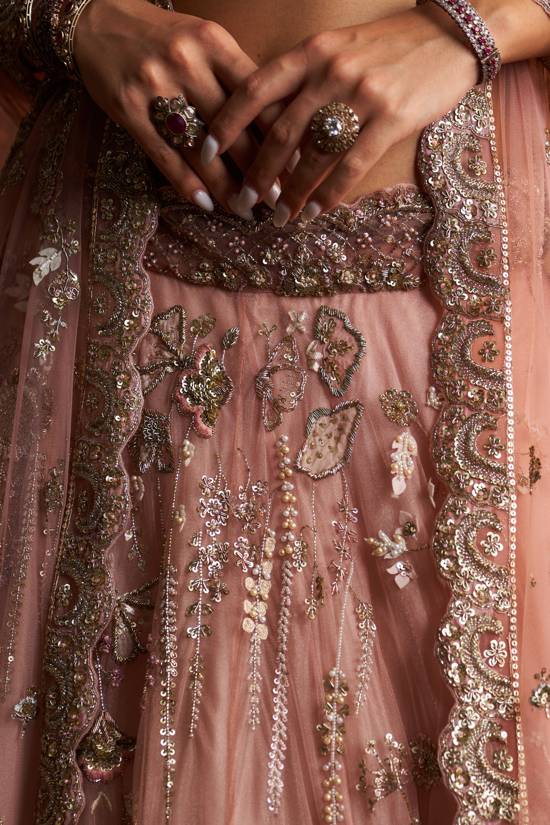 Salmon Pink Embroidered Double Layer Lehnga Paired With Scallop Embroidered Veil And Dupatta