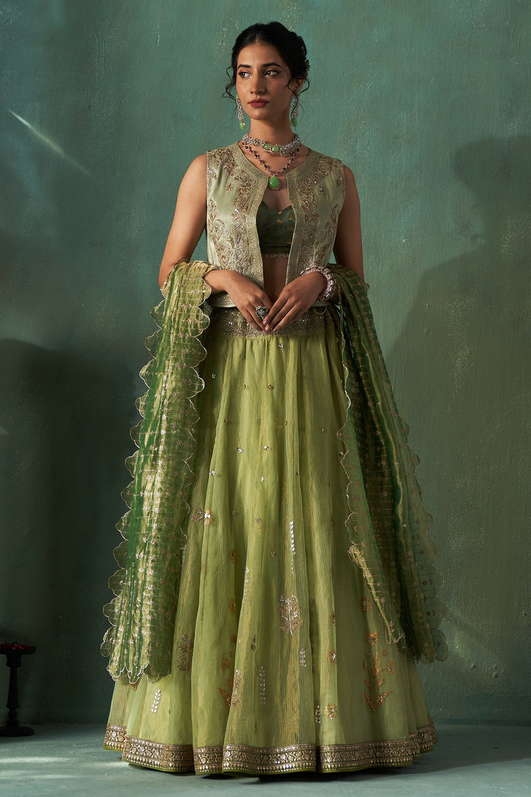 Mint Tissue Embroidered Lehenga Set (4 PCS)