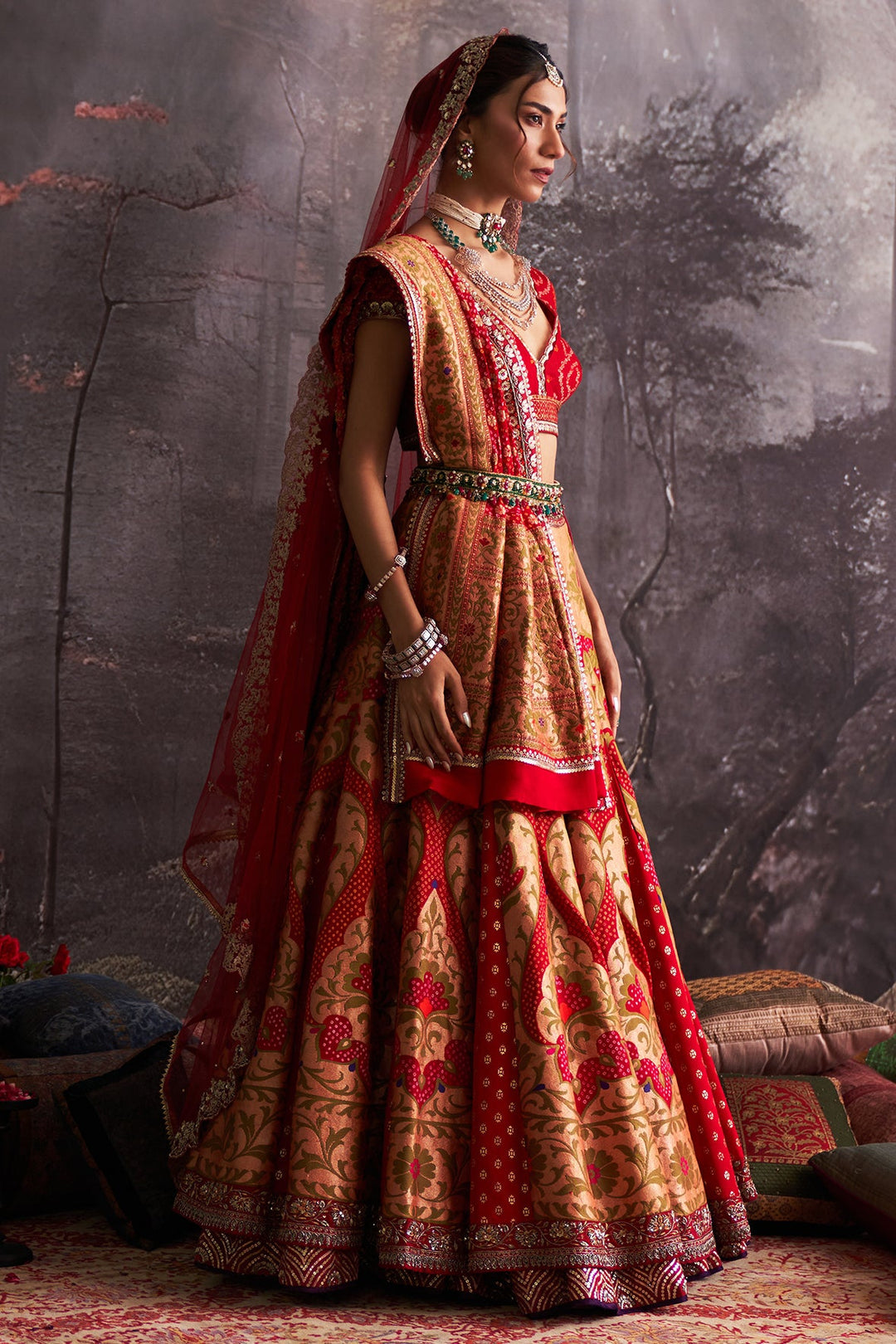 Red Bandhani Embroidered Lehenga Set (4 PCS)