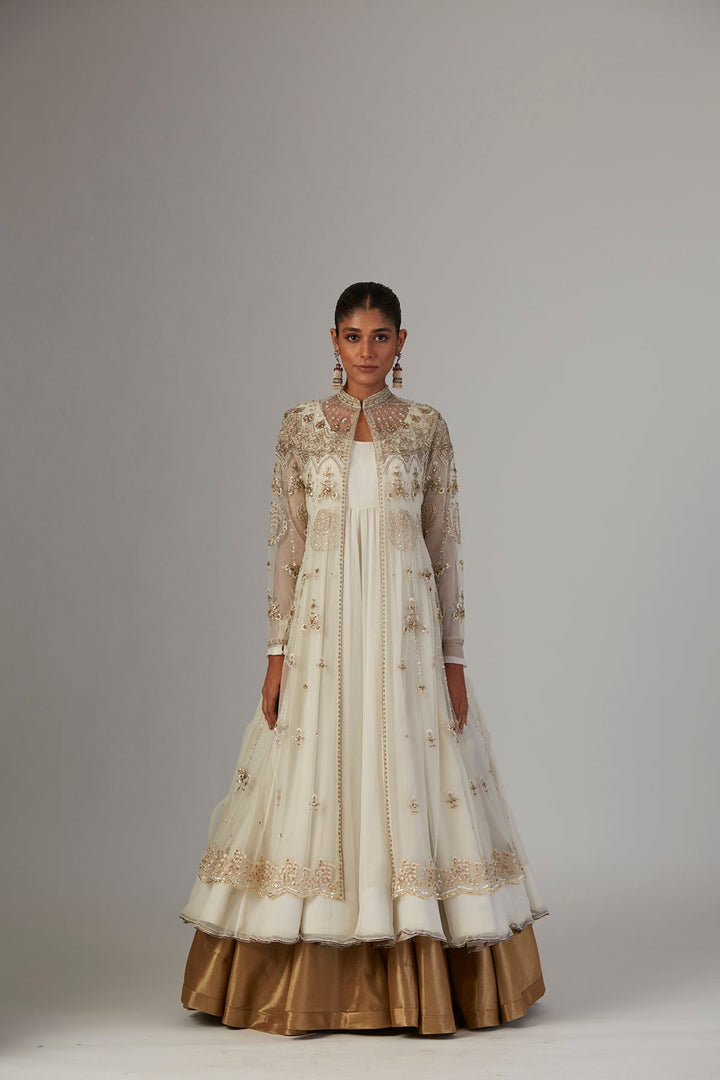 Ivory Chiffon Anarkali Paired With Tulle Net Jacket