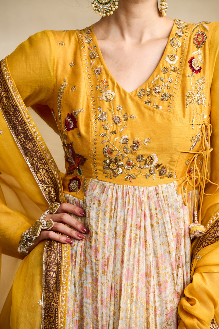 Yellow & Toosh Chanderi Printed & Embroidered Anarkali Set (3 PCS)