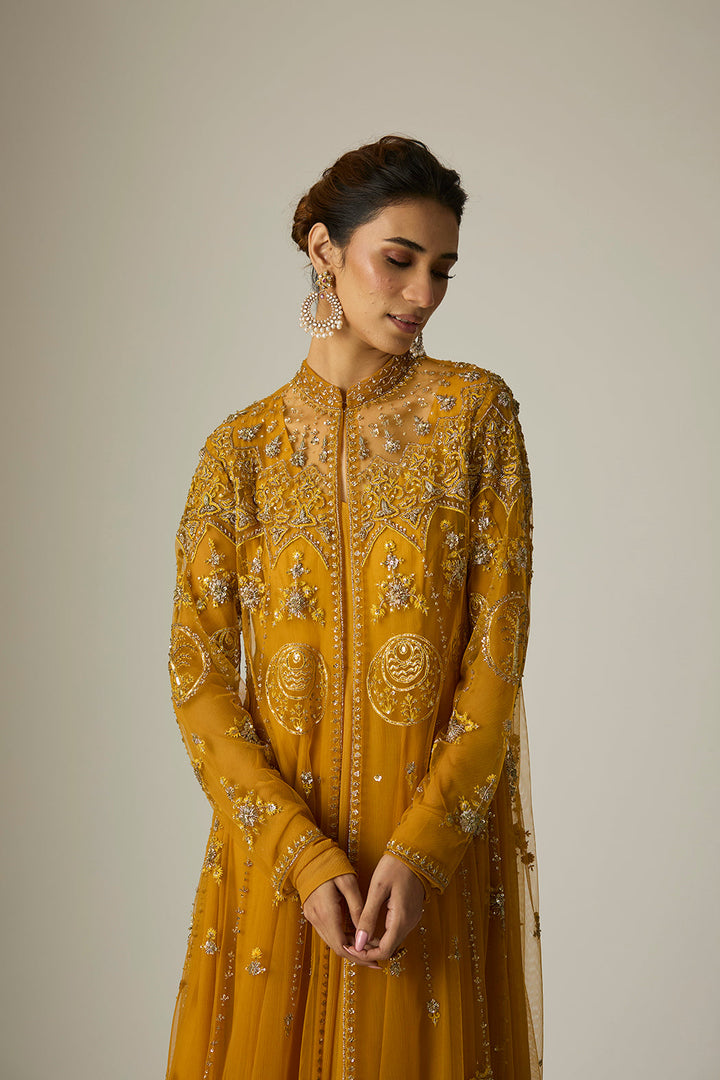 Mustard Chiffon & Tulle Embroidered Jacket Set (2 PCS)