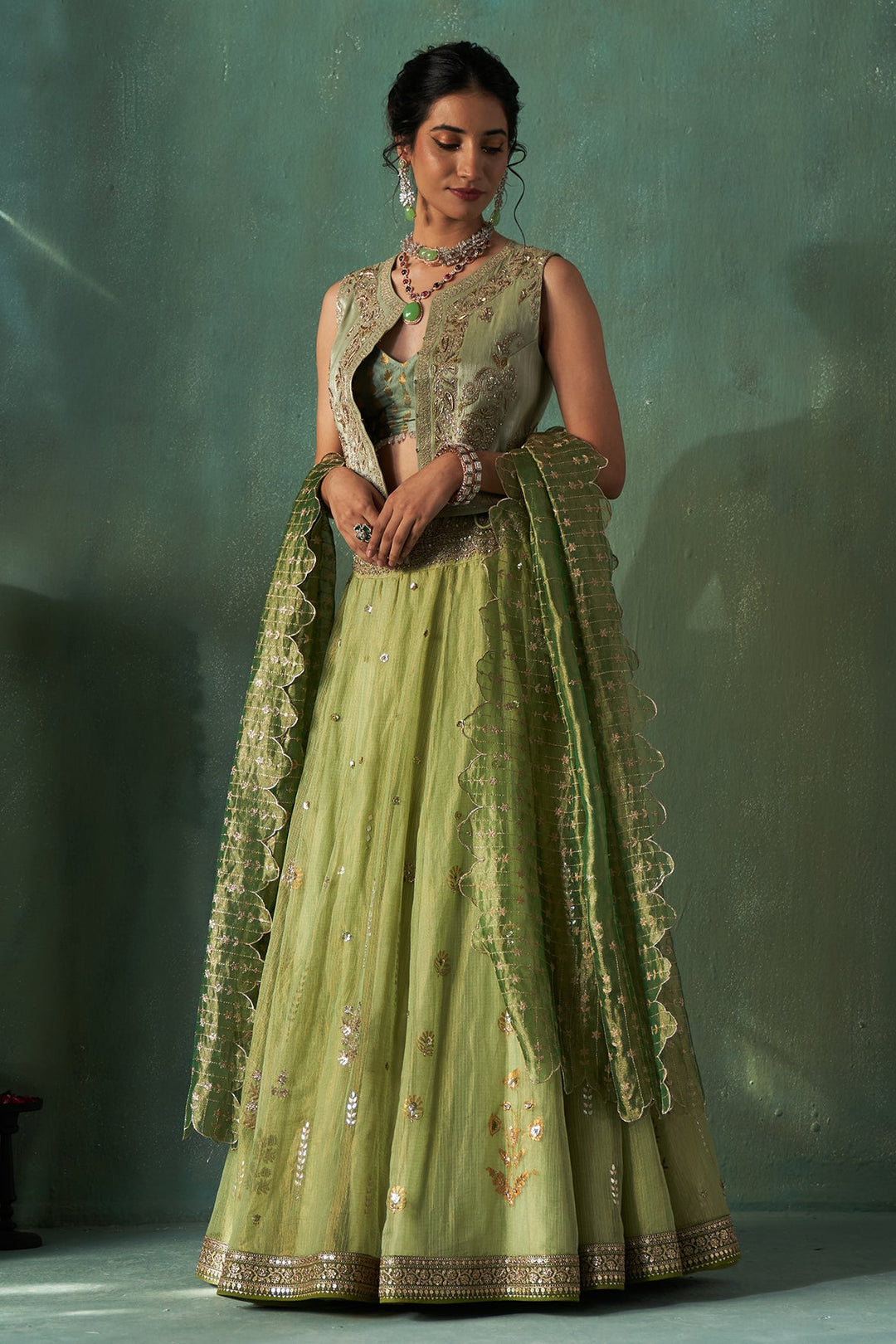 Mint Tissue Embroidered Lehenga Set (4 PCS)