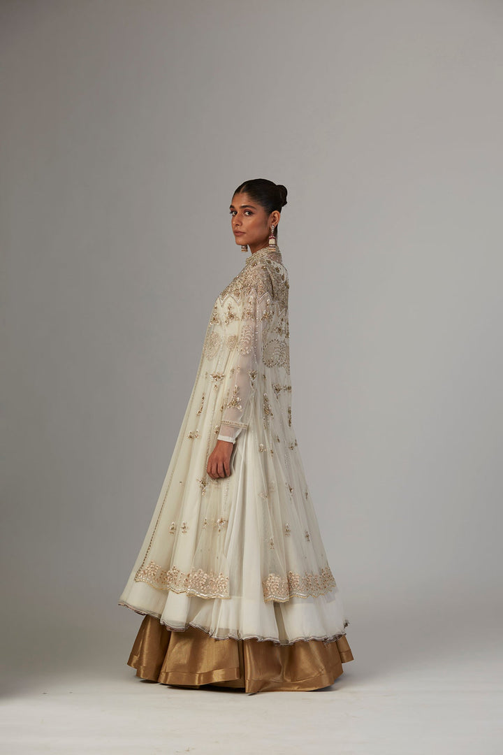 Ivory Chiffon Anarkali Paired With Tulle Net Jacket