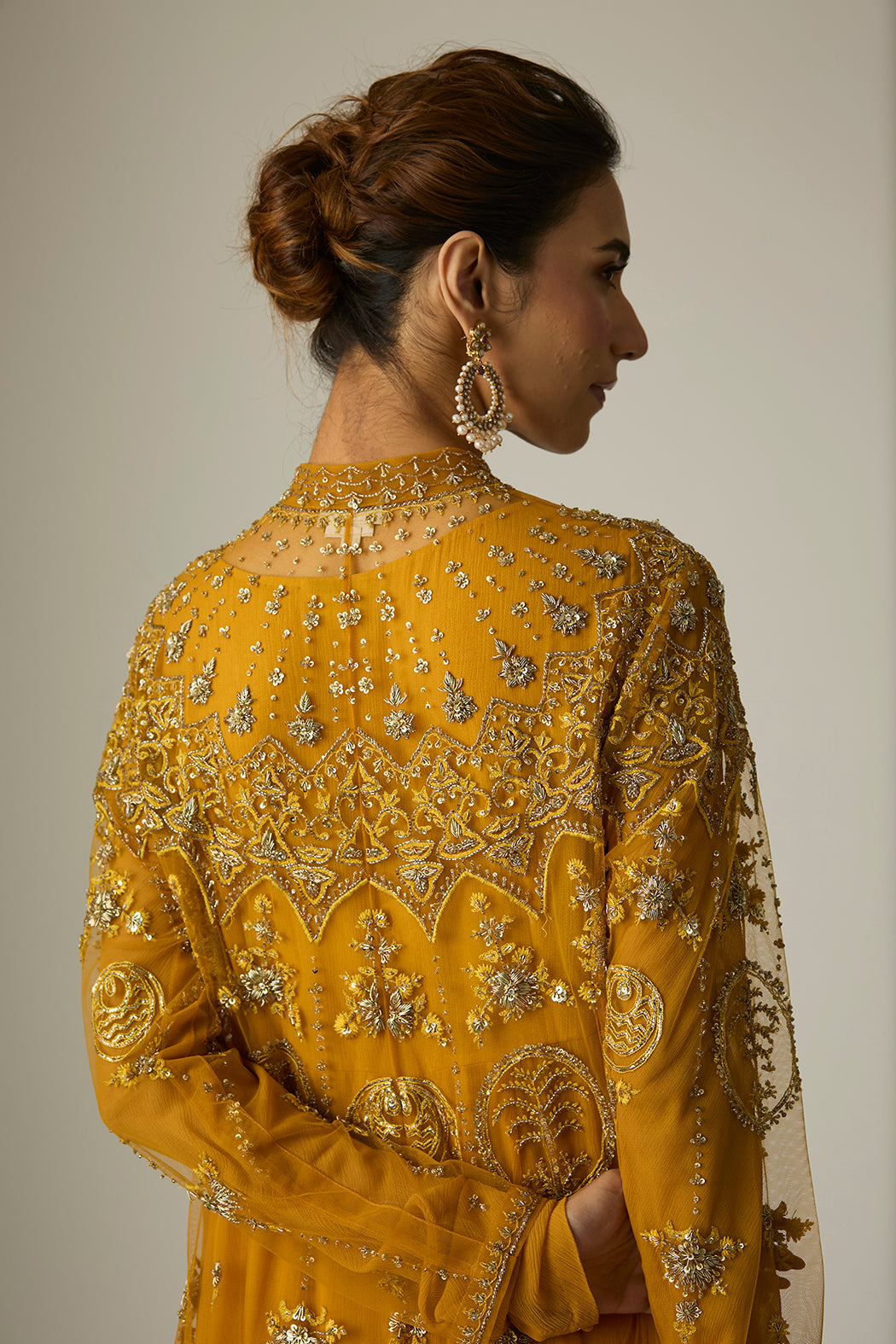 Mustard Chiffon & Tulle Embroidered Jacket Set (2 PCS)