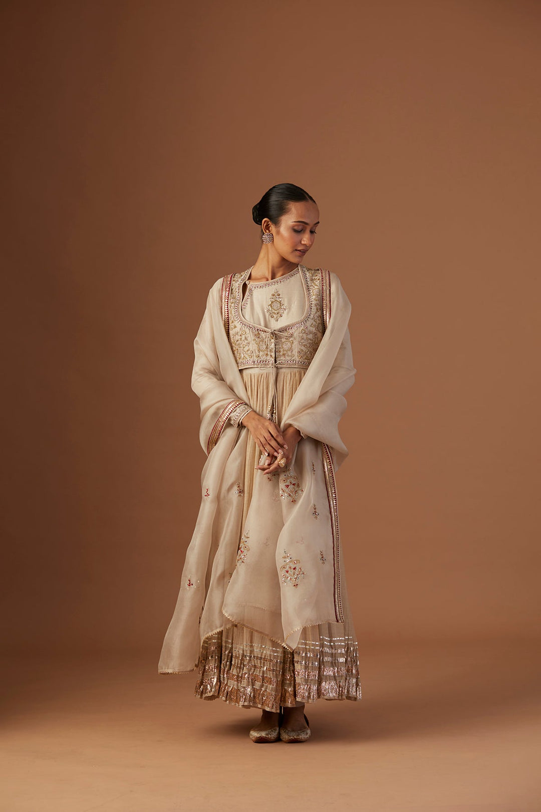 Toosh Tissue Anarkali Paired With Churidaar And Dupatta